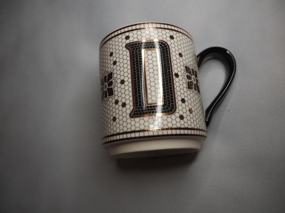 Anthropologie Tiled Margot Monogram D Mug 15 Oz Black White Gold Mosaic Bistro